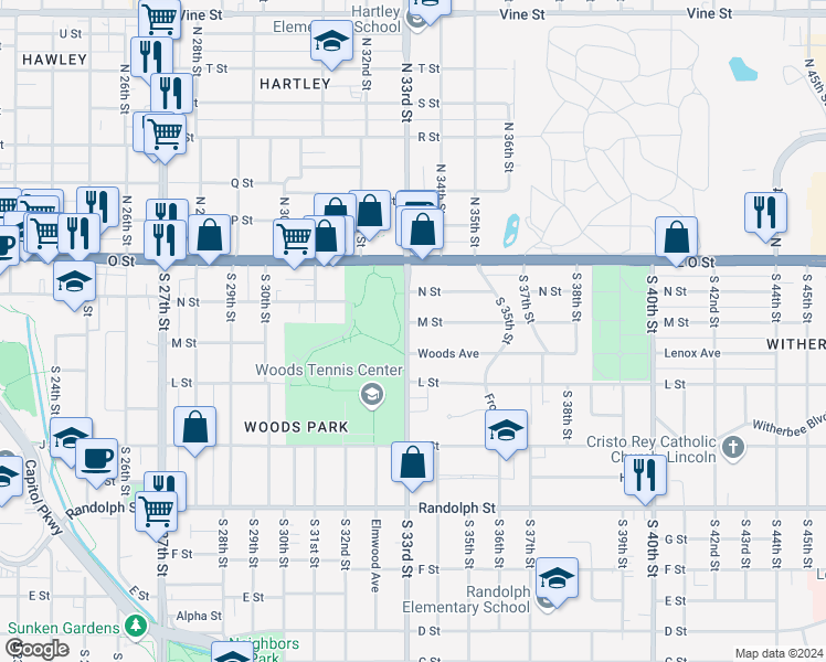 map of restaurants, bars, coffee shops, grocery stores, and more near 3330 M Street in Lincoln
