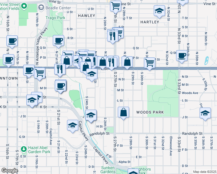 map of restaurants, bars, coffee shops, grocery stores, and more near 2545 N Street in Lincoln