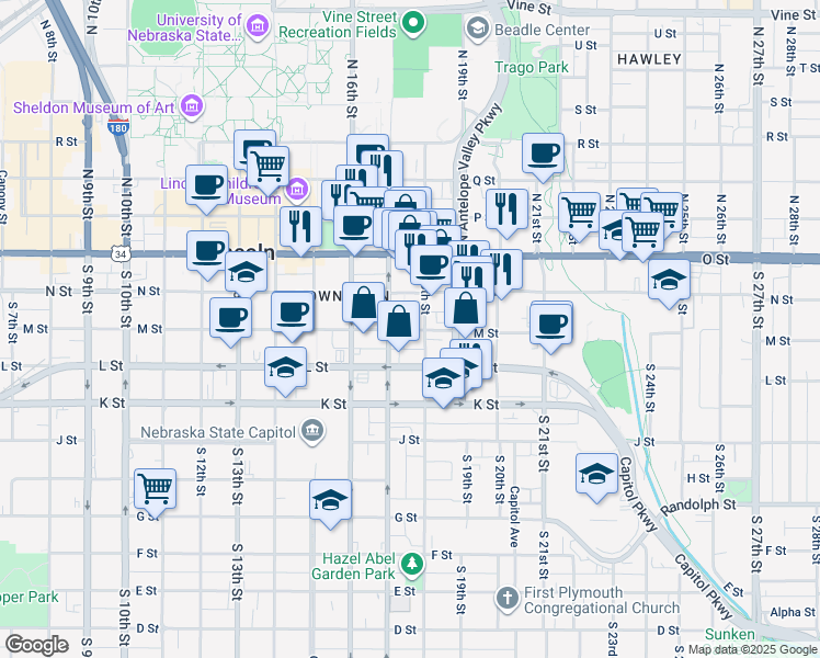 map of restaurants, bars, coffee shops, grocery stores, and more near 225 South 18th Street in Lincoln