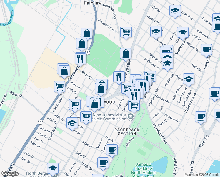 map of restaurants, bars, coffee shops, grocery stores, and more near 9205 Bergenwood Avenue in North Bergen