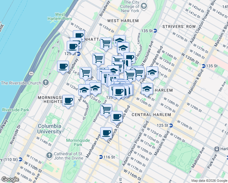map of restaurants, bars, coffee shops, grocery stores, and more near 377 West 125th Street in New York