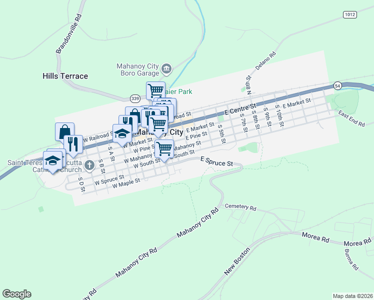 map of restaurants, bars, coffee shops, grocery stores, and more near 229 East Mahanoy Street in Mahanoy City