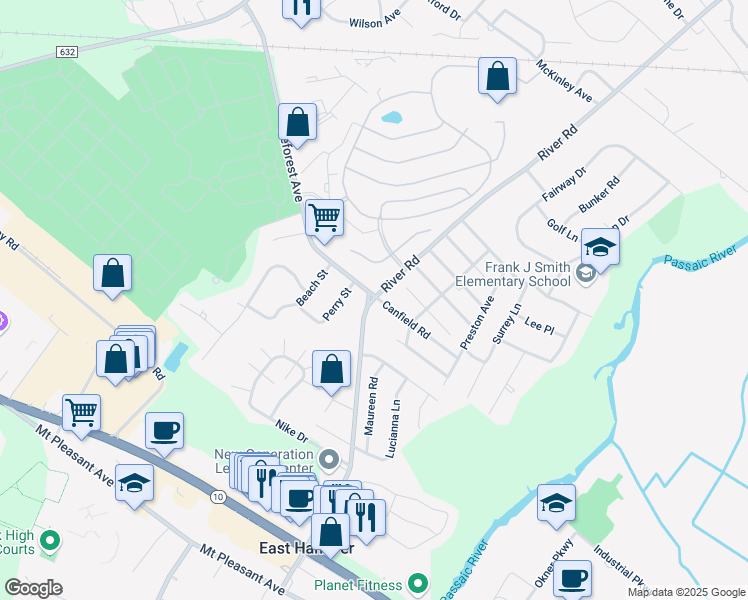 map of restaurants, bars, coffee shops, grocery stores, and more near 148 River Road in East Hanover