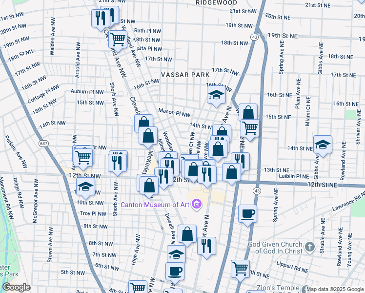 map of restaurants, bars, coffee shops, grocery stores, and more near 318 Chicago Place Northwest in Canton