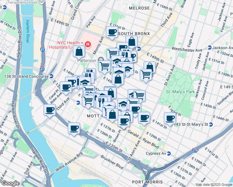 map of restaurants, bars, coffee shops, grocery stores, and more near 352 Willis Avenue in Bronx