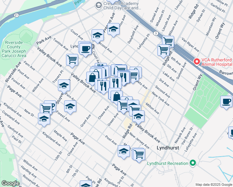 map of restaurants, bars, coffee shops, grocery stores, and more near 250 Cleveland Avenue in Lyndhurst