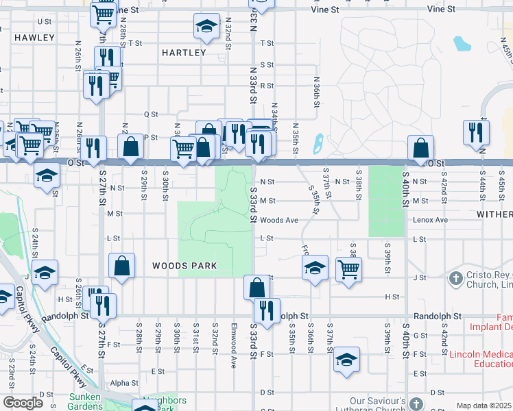 map of restaurants, bars, coffee shops, grocery stores, and more near 3303 M Street in Lincoln
