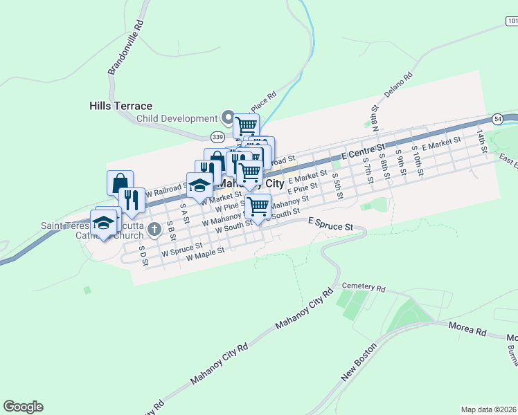 map of restaurants, bars, coffee shops, grocery stores, and more near in Mahanoy City