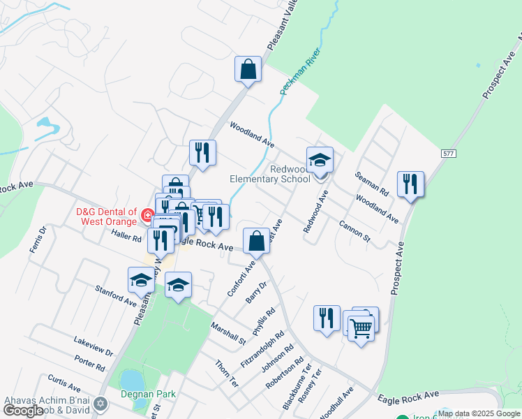 map of restaurants, bars, coffee shops, grocery stores, and more near 12 Steven Terrace in West Orange
