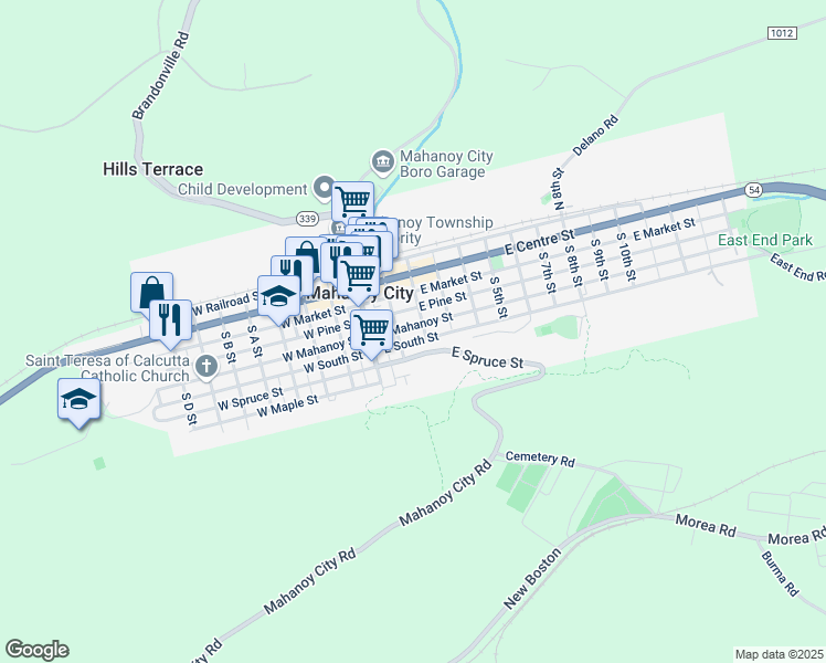 map of restaurants, bars, coffee shops, grocery stores, and more near 124 East Mahanoy Street in Mahanoy City