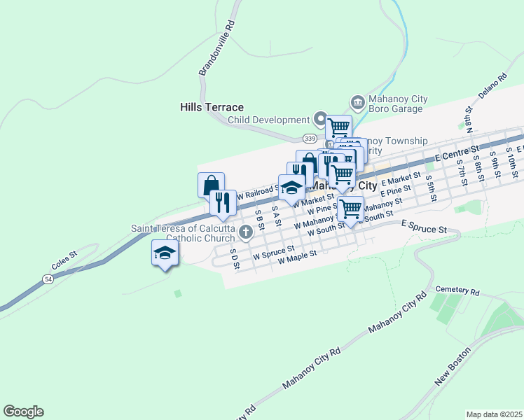 map of restaurants, bars, coffee shops, grocery stores, and more near 431 West Market Street in Mahanoy City