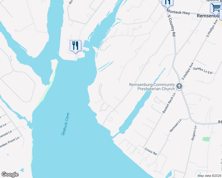 map of restaurants, bars, coffee shops, grocery stores, and more near 55 Cedar Lane West in Setauket