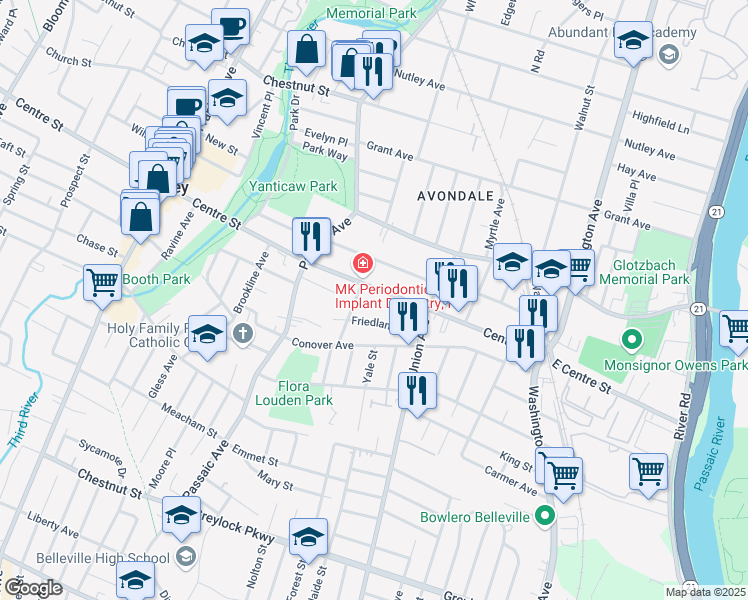 map of restaurants, bars, coffee shops, grocery stores, and more near in Nutley
