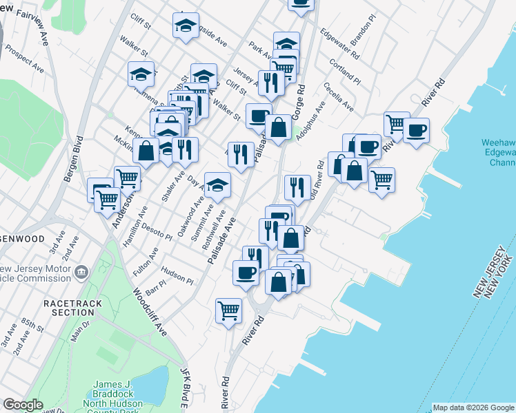 map of restaurants, bars, coffee shops, grocery stores, and more near 220 Palisade Avenue in Cliffside Park