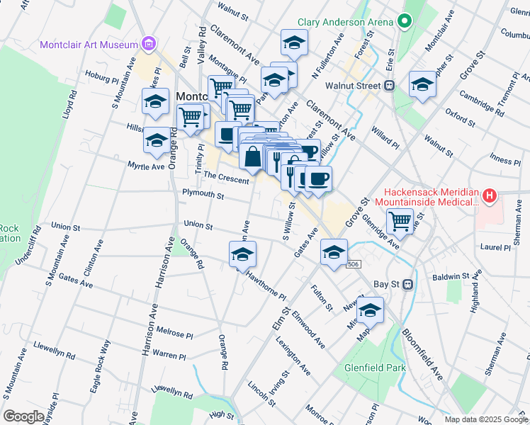 map of restaurants, bars, coffee shops, grocery stores, and more near 11 Seymour Street in Montclair