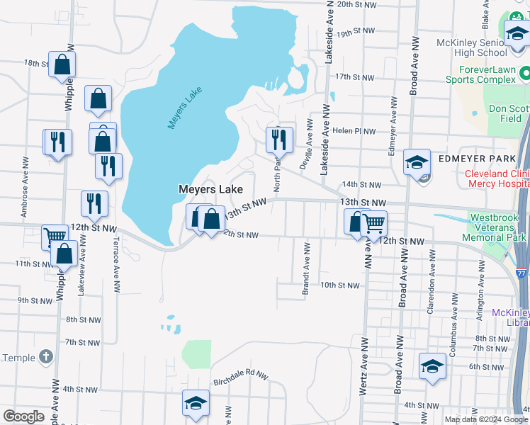 map of restaurants, bars, coffee shops, grocery stores, and more near 3328 13th Street Northwest in Canton