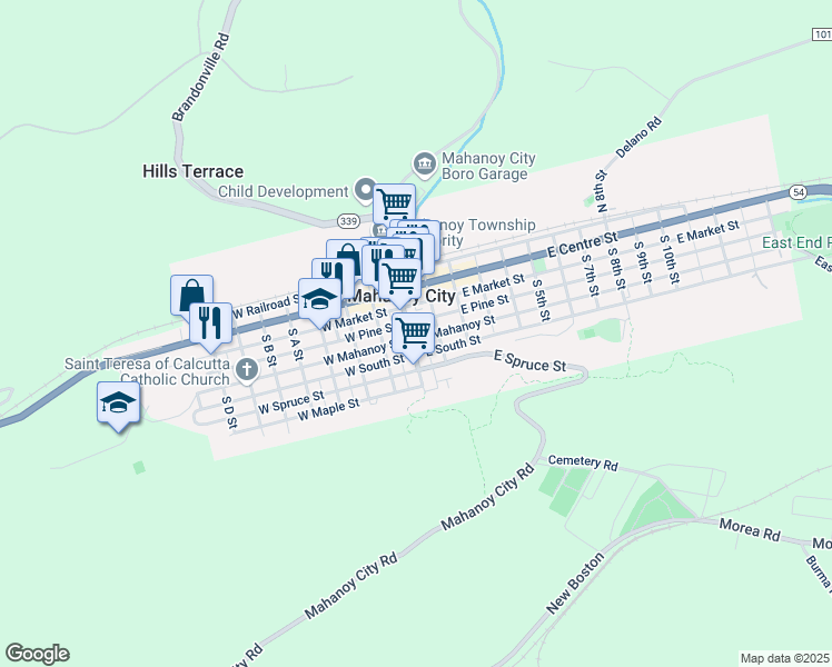 map of restaurants, bars, coffee shops, grocery stores, and more near 5 East Mahanoy Street in Mahanoy City