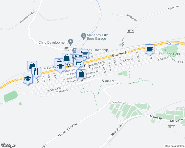 map of restaurants, bars, coffee shops, grocery stores, and more near 136 East Mahanoy Street in Mahanoy City