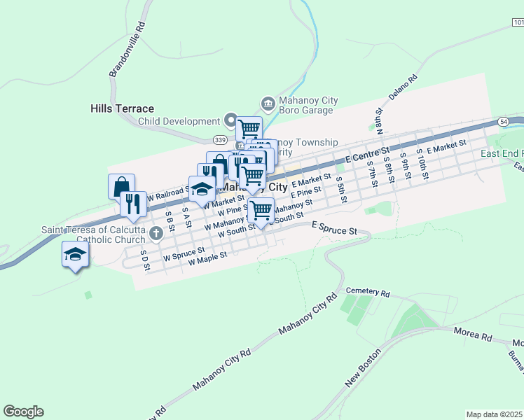 map of restaurants, bars, coffee shops, grocery stores, and more near 5 East Mahanoy Street in Mahanoy City