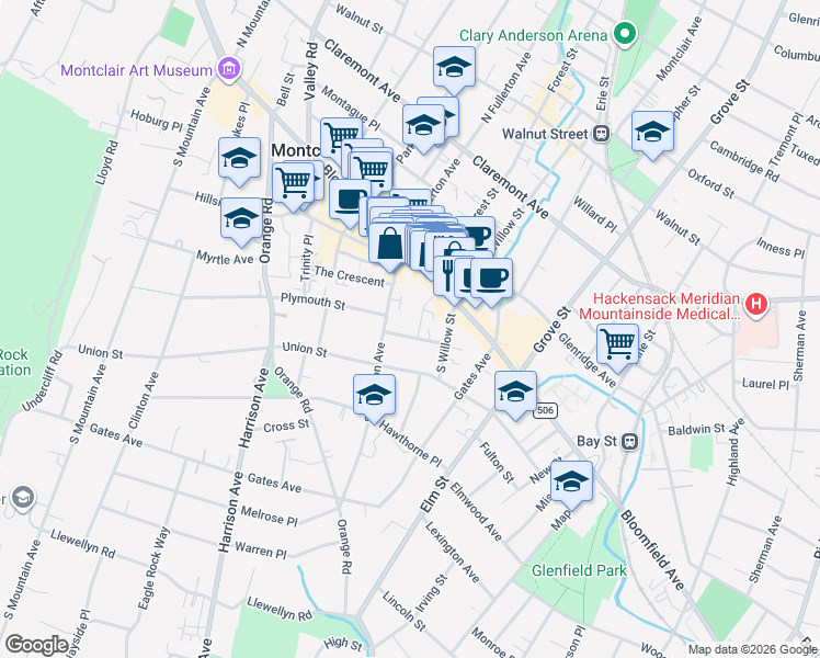 map of restaurants, bars, coffee shops, grocery stores, and more near 5 Roosevelt Place in Montclair