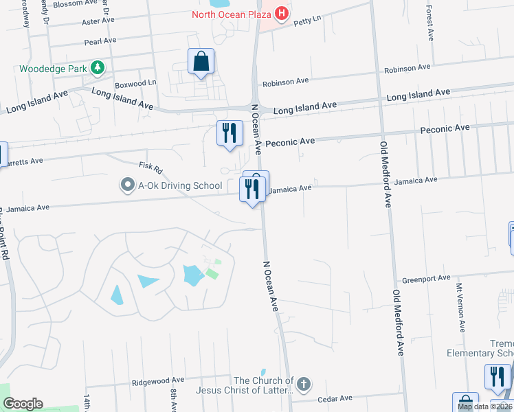 map of restaurants, bars, coffee shops, grocery stores, and more near 1600 North Ocean Avenue in Holtsville