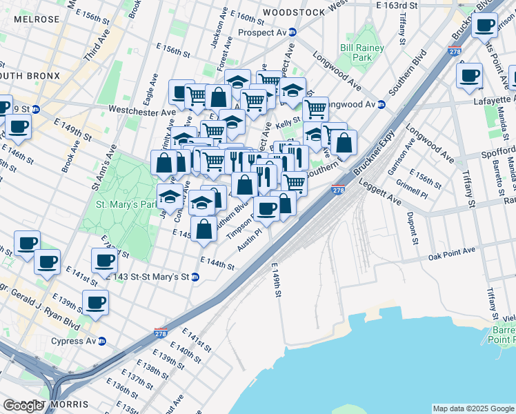 map of restaurants, bars, coffee shops, grocery stores, and more near in The Bronx