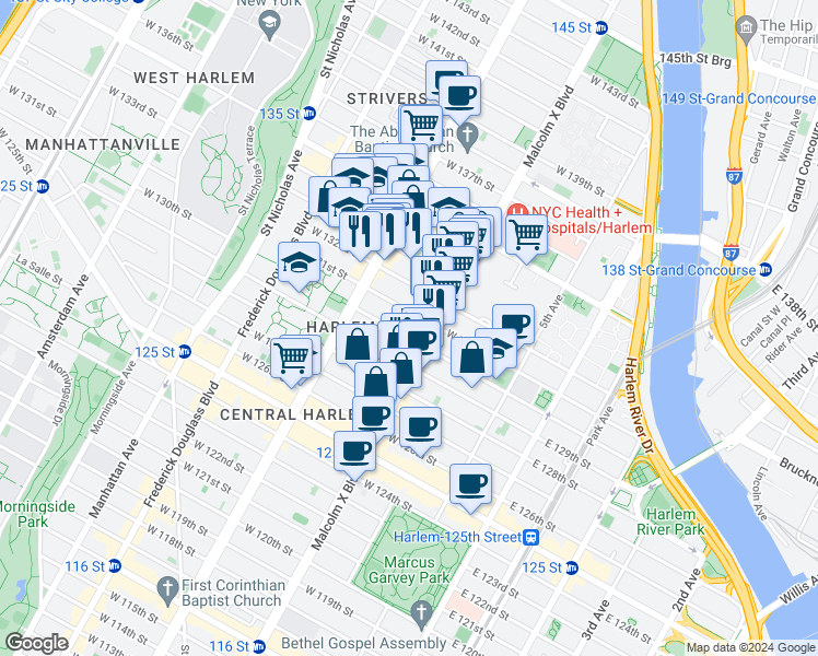 map of restaurants, bars, coffee shops, grocery stores, and more near 126 West 131st Street in New York