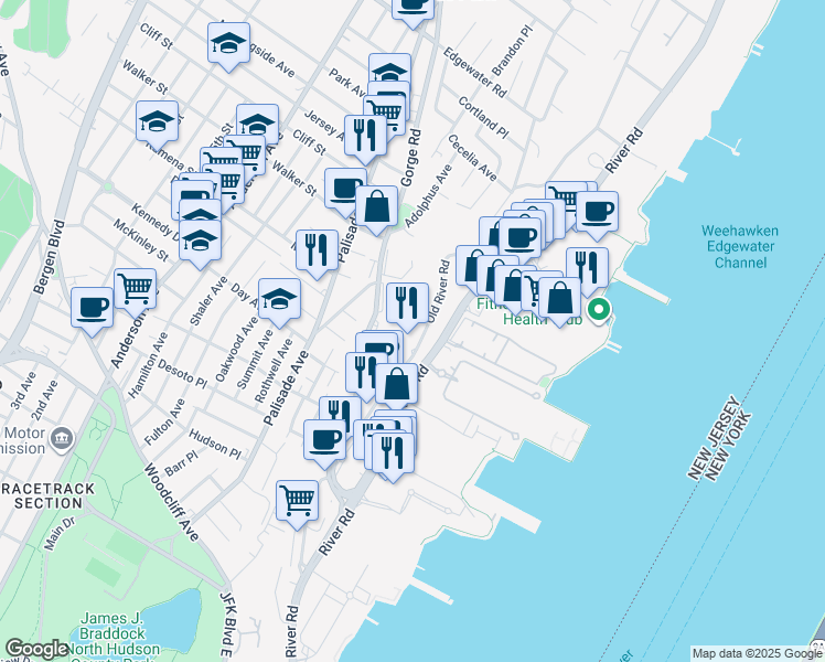map of restaurants, bars, coffee shops, grocery stores, and more near 342 Old River Road in Edgewater