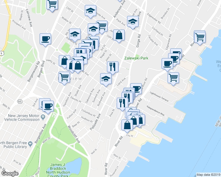 map of restaurants, bars, coffee shops, grocery stores, and more near 214 Riverview Place in Cliffside Park