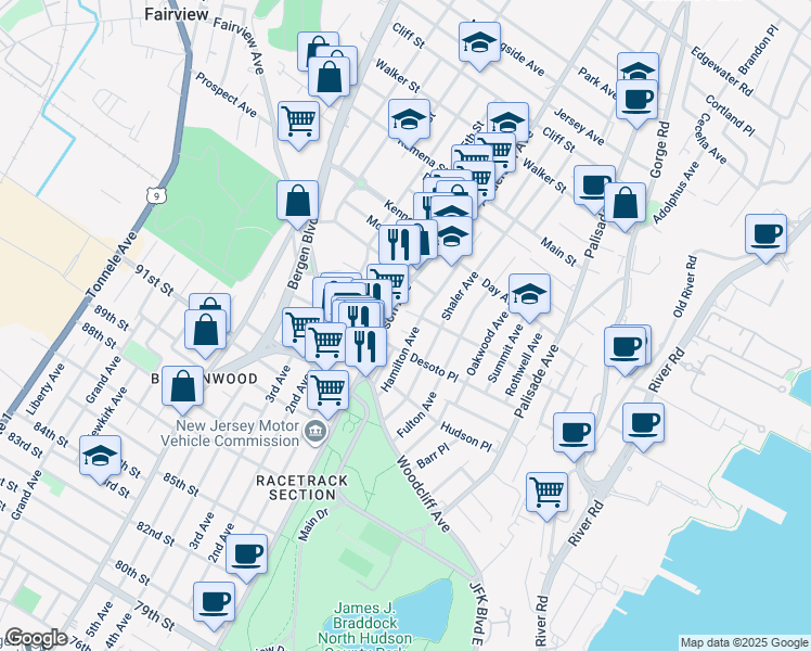 map of restaurants, bars, coffee shops, grocery stores, and more near in Fairview