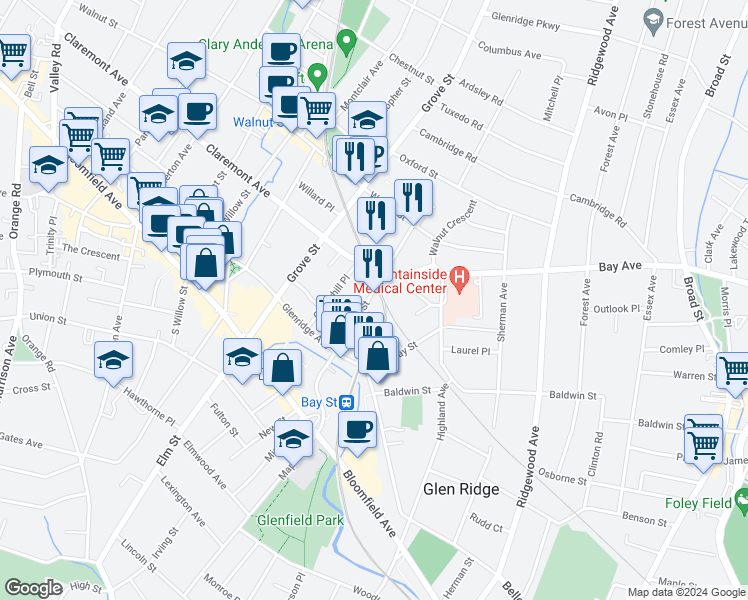 map of restaurants, bars, coffee shops, grocery stores, and more near 112 Pine Street in Montclair