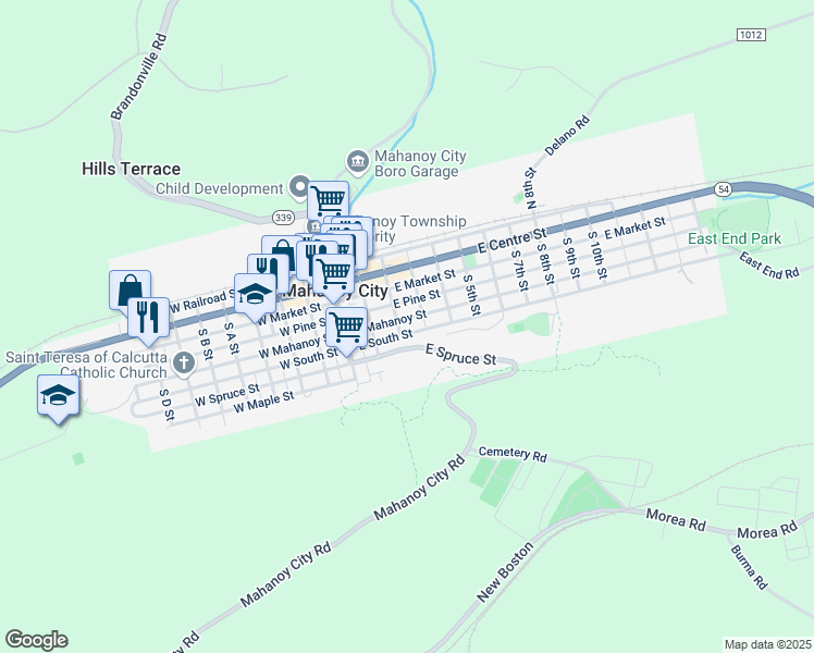 map of restaurants, bars, coffee shops, grocery stores, and more near 212 East Mahanoy Street in Mahanoy City