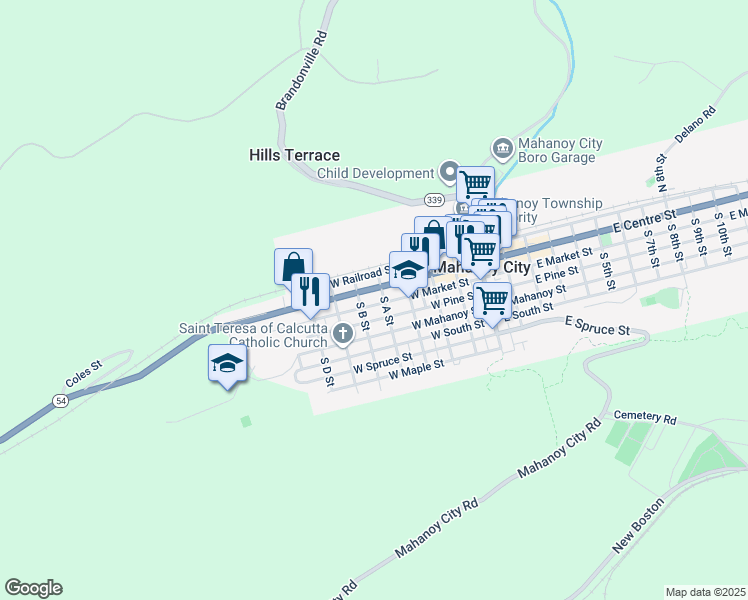 map of restaurants, bars, coffee shops, grocery stores, and more near 431 West Market Street in Mahanoy City