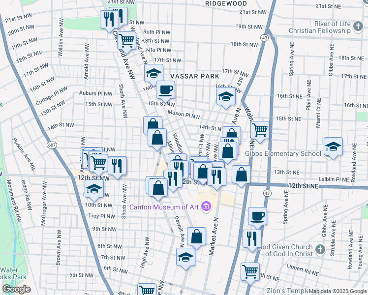 map of restaurants, bars, coffee shops, grocery stores, and more near 318 Chicago Place Northwest in Canton