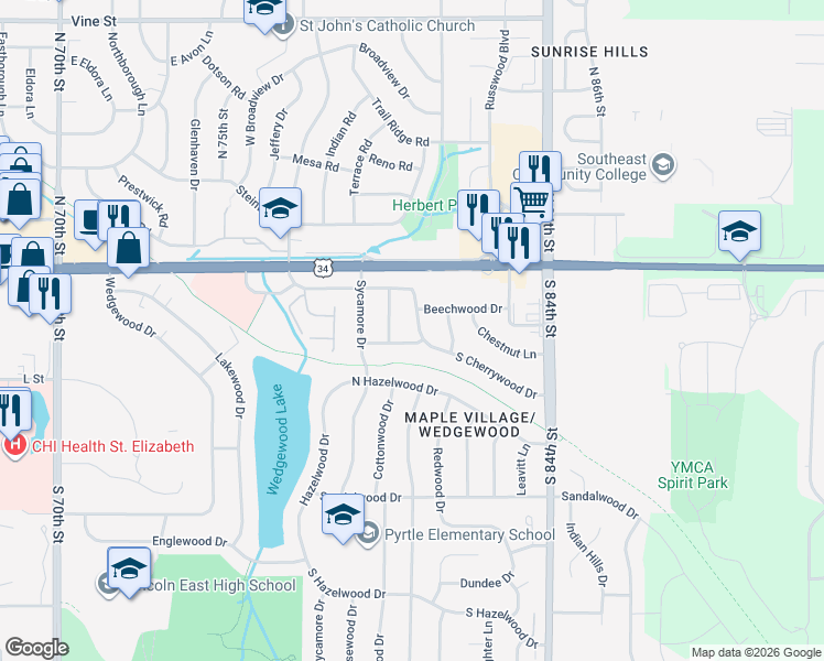 map of restaurants, bars, coffee shops, grocery stores, and more near 230 Cottonwood Drive in Lincoln