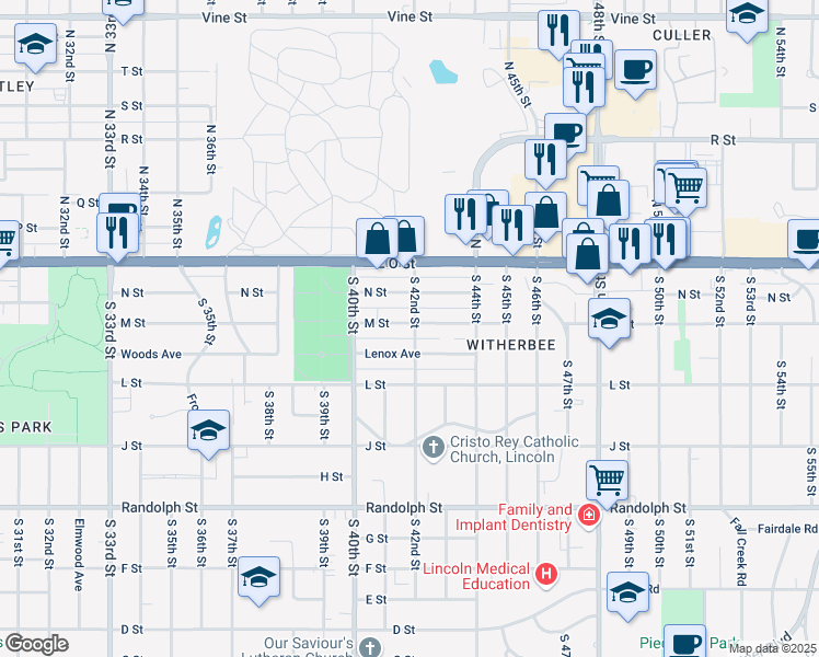 map of restaurants, bars, coffee shops, grocery stores, and more near 4126 M Street in Lincoln