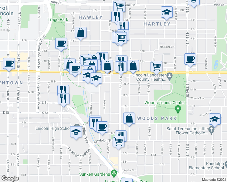 map of restaurants, bars, coffee shops, grocery stores, and more near 2545 N Street in Lincoln