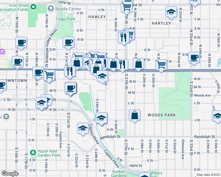 map of restaurants, bars, coffee shops, grocery stores, and more near 2545 N Street in Lincoln