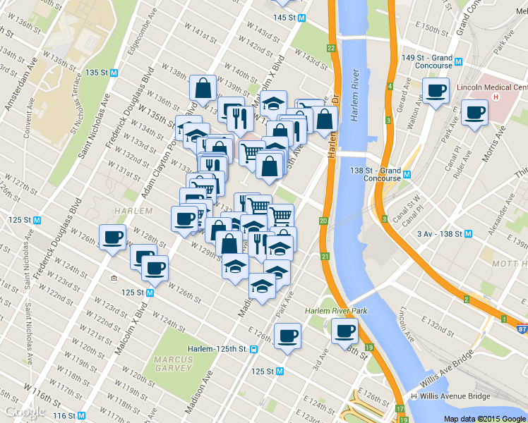 map of restaurants, bars, coffee shops, grocery stores, and more near 2179 5th Avenue in New York
