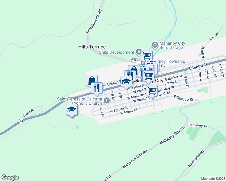 map of restaurants, bars, coffee shops, grocery stores, and more near 432 West Centre Street in Mahanoy City