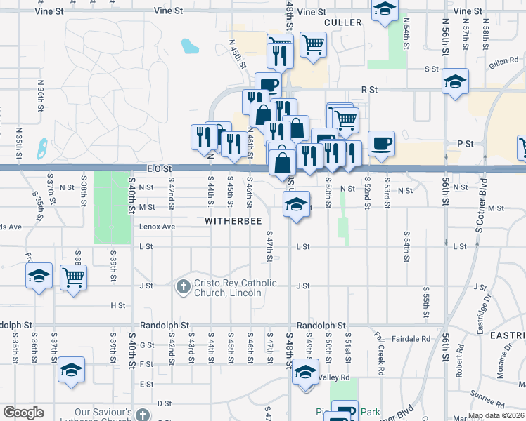 map of restaurants, bars, coffee shops, grocery stores, and more near 4643 M Street in Lincoln