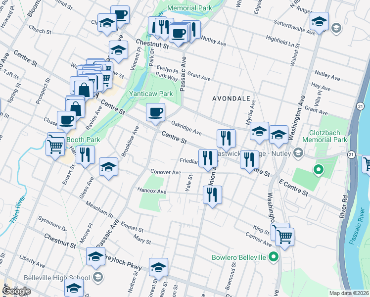 map of restaurants, bars, coffee shops, grocery stores, and more near in Nutley