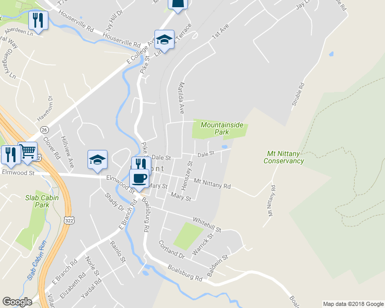 map of restaurants, bars, coffee shops, grocery stores, and more near 201 Dale Street in Boalsburg