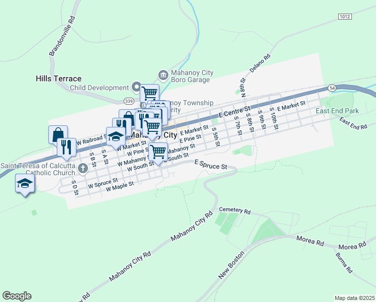 map of restaurants, bars, coffee shops, grocery stores, and more near 220 East Mahanoy Street in Mahanoy City