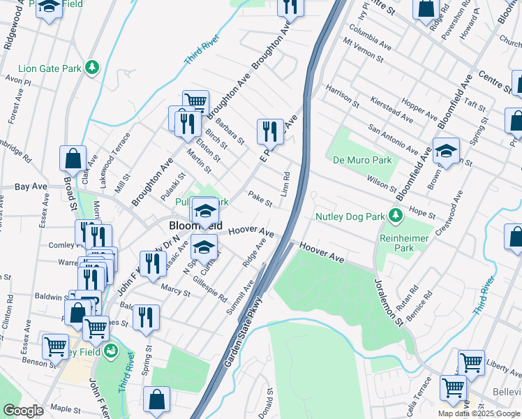 map of restaurants, bars, coffee shops, grocery stores, and more near 169 Pake Street in Nutley