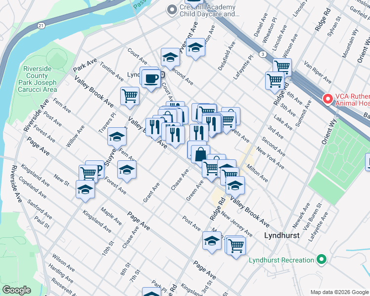 map of restaurants, bars, coffee shops, grocery stores, and more near 439 Valley Brook Avenue in Lyndhurst