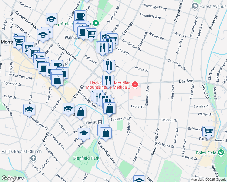 map of restaurants, bars, coffee shops, grocery stores, and more near 30 Claremont Avenue in Montclair