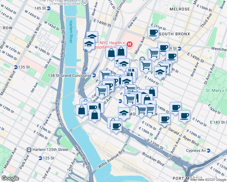 map of restaurants, bars, coffee shops, grocery stores, and more near 270 Rider Avenue in The Bronx