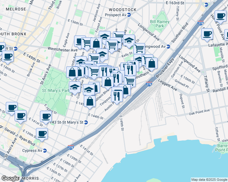 map of restaurants, bars, coffee shops, grocery stores, and more near 540 Southern Boulevard in The Bronx