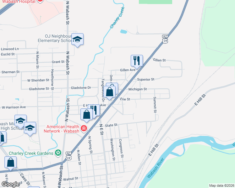 map of restaurants, bars, coffee shops, grocery stores, and more near 531 Michigan Street in Wabash